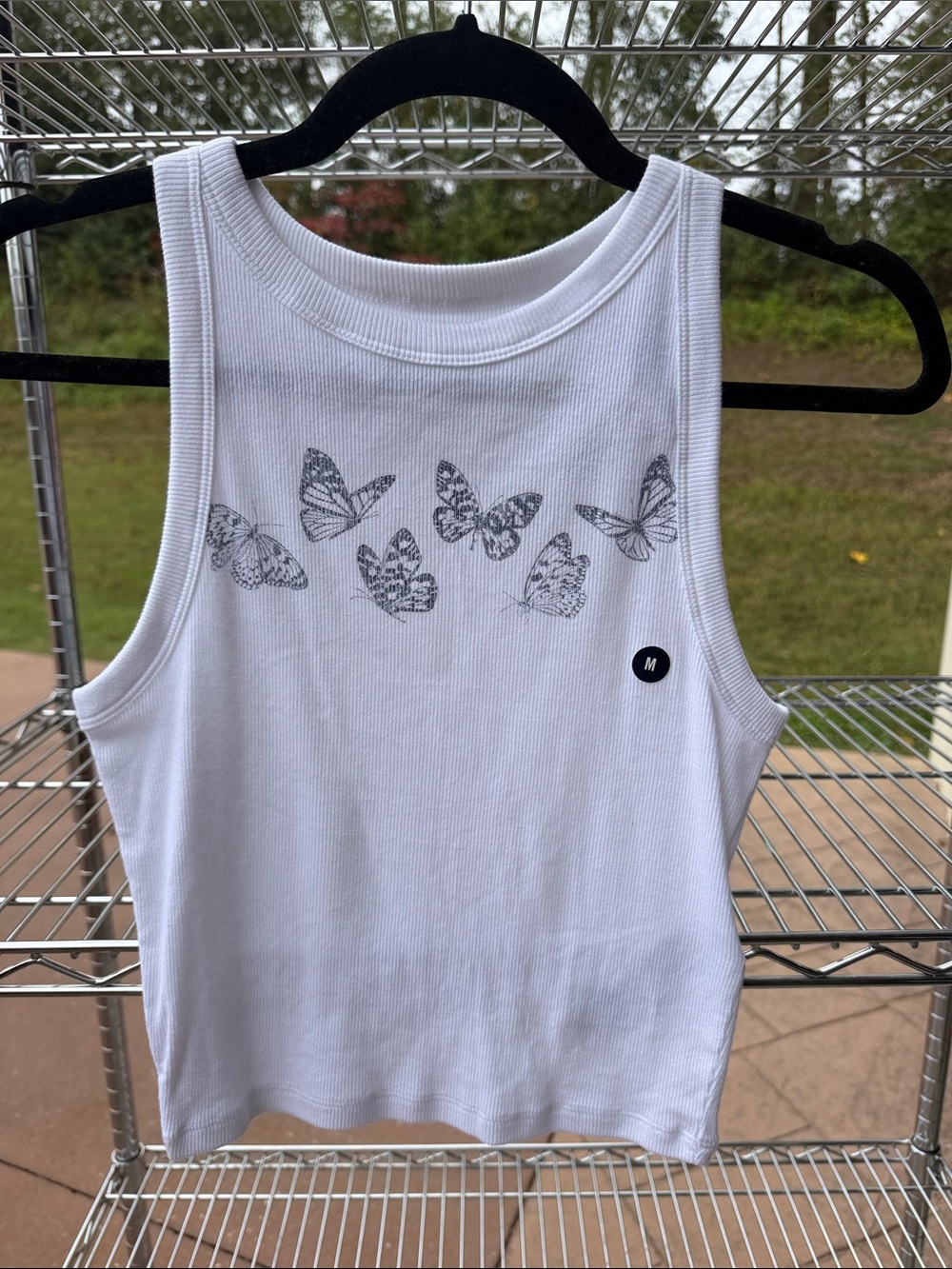 Hollister White Ribbed Tank with Gray Butterfly Motif